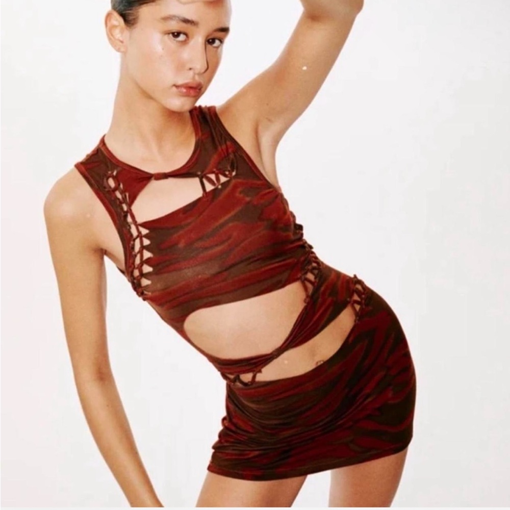 With Jean Brown and Red Cutout Mini Dress